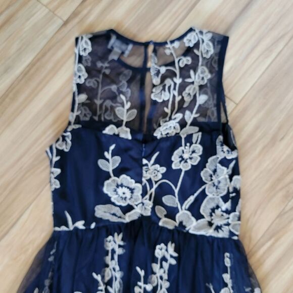 Beige by ECI Embroidered Tulle Illusion Midi Dress in Black Navy - Picture 7 of 13